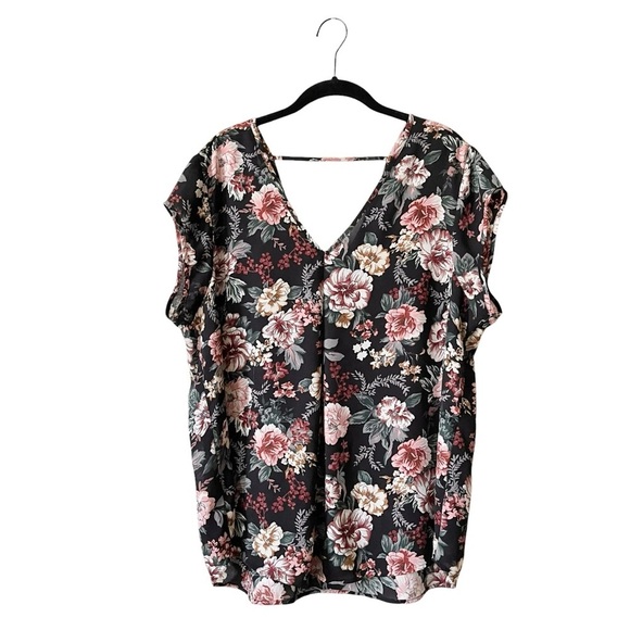 Halogen Top Women's Size XL Black Rose Floral Double V-Neck Flowy Blouse Career - Picture 2 of 8